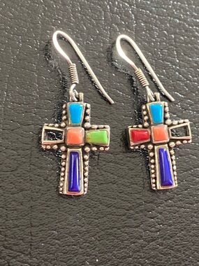 Multi-Color Cross Drop Earrings - Southwest style. Sterling silver,nickel free